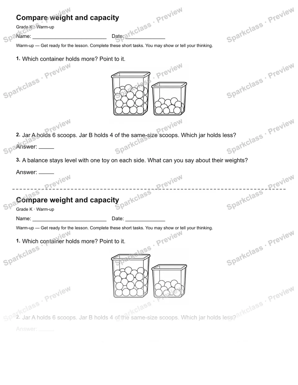 Compare weight and capacity — Warm-up — Kindergarten worksheet preview