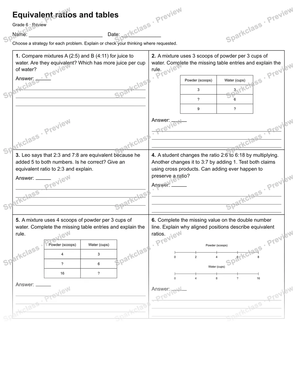 Equivalent ratios and tables — Review — Grade 6 worksheet preview