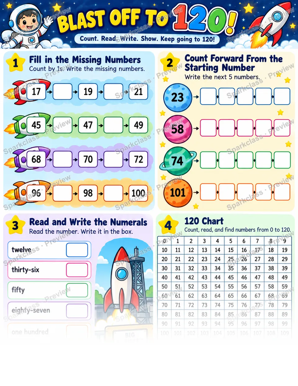 Blast Off To 120 — Grade 1 worksheet preview