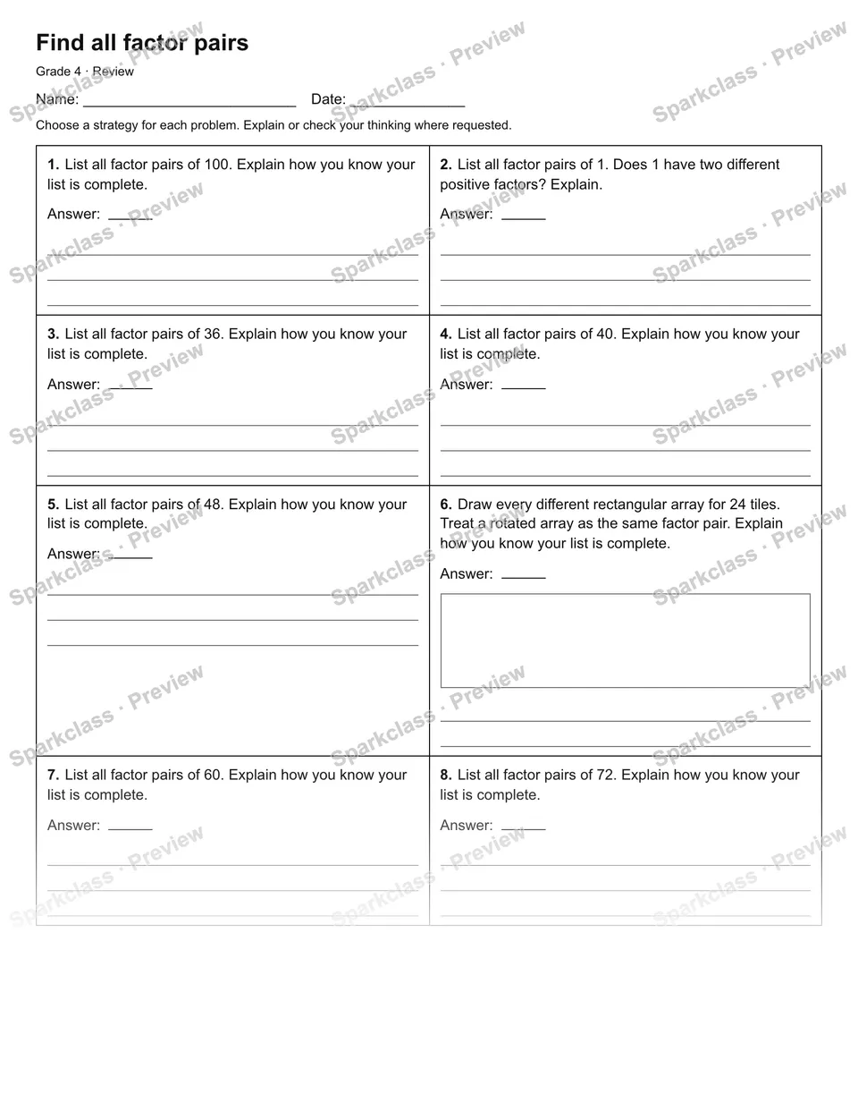 Find all factor pairs — Review — Grade 4 worksheet preview