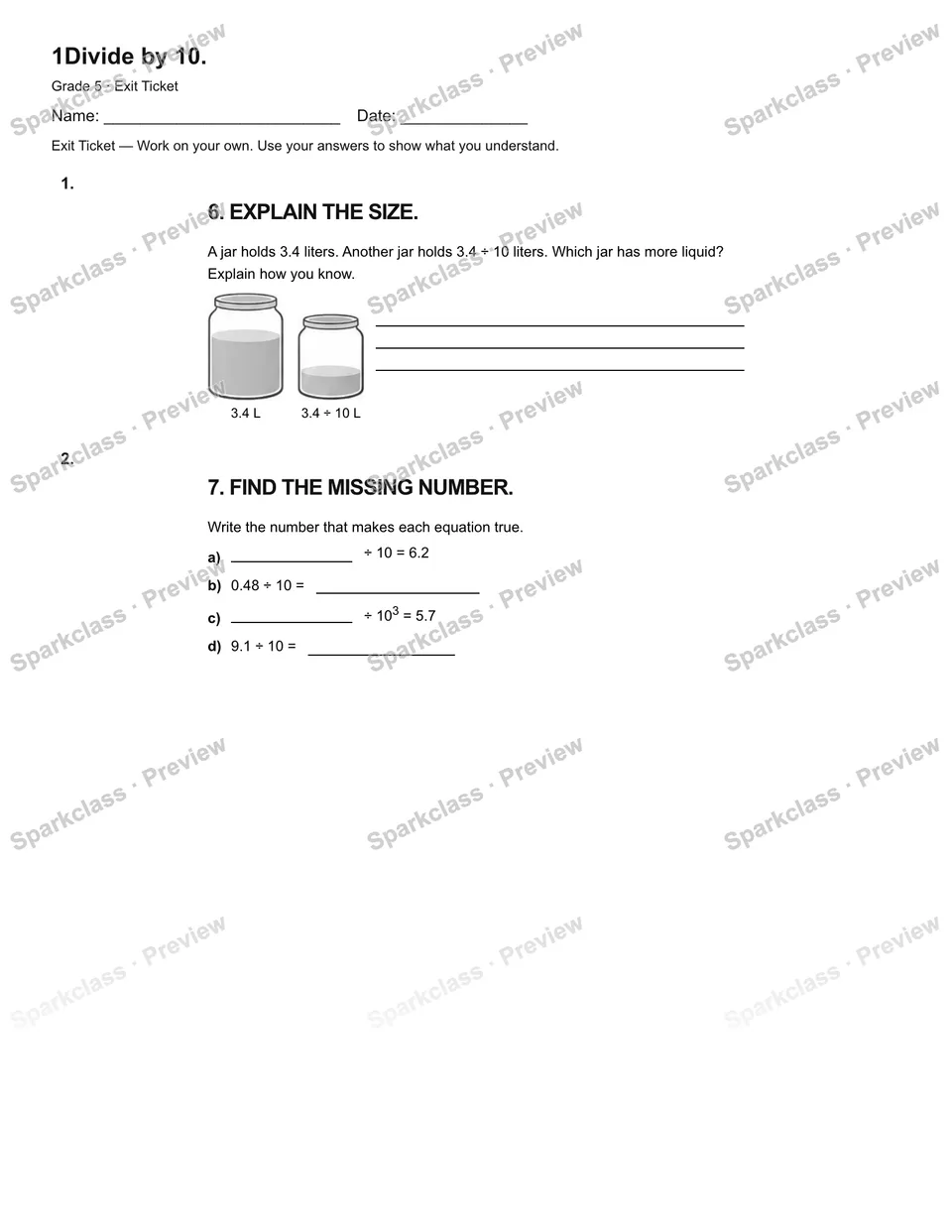 1Divide by 10. — Exit Ticket — Grade 5 worksheet preview