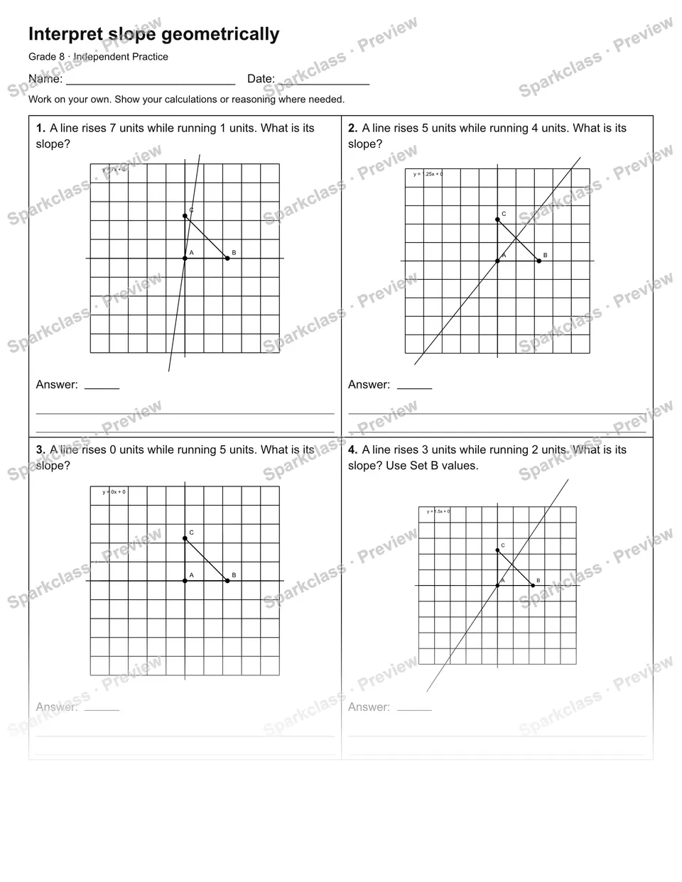 Interpret slope geometrically — Independent Practice — Grade 8 worksheet preview