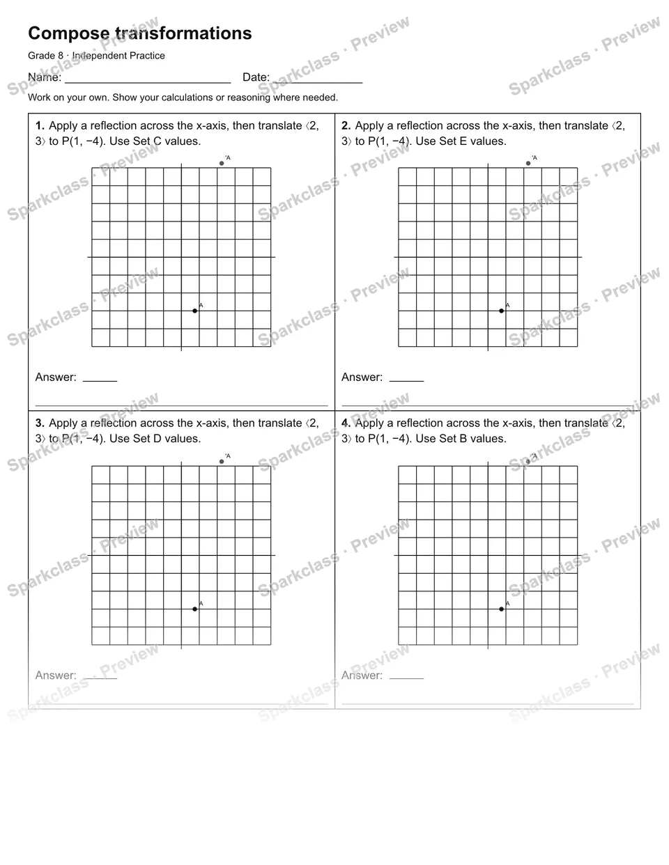 Compose transformations — Independent Practice — Grade 8 worksheet preview