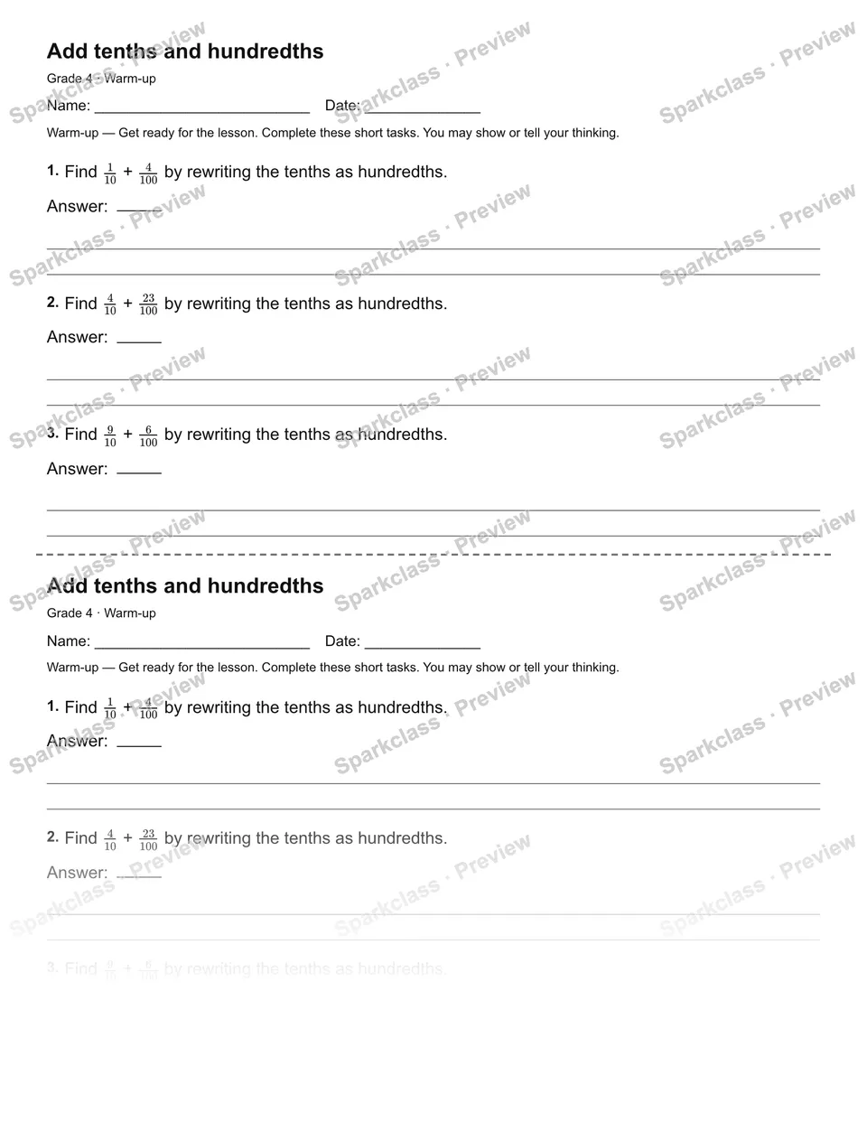 Add tenths and hundredths — Warm-up — Grade 4 worksheet preview