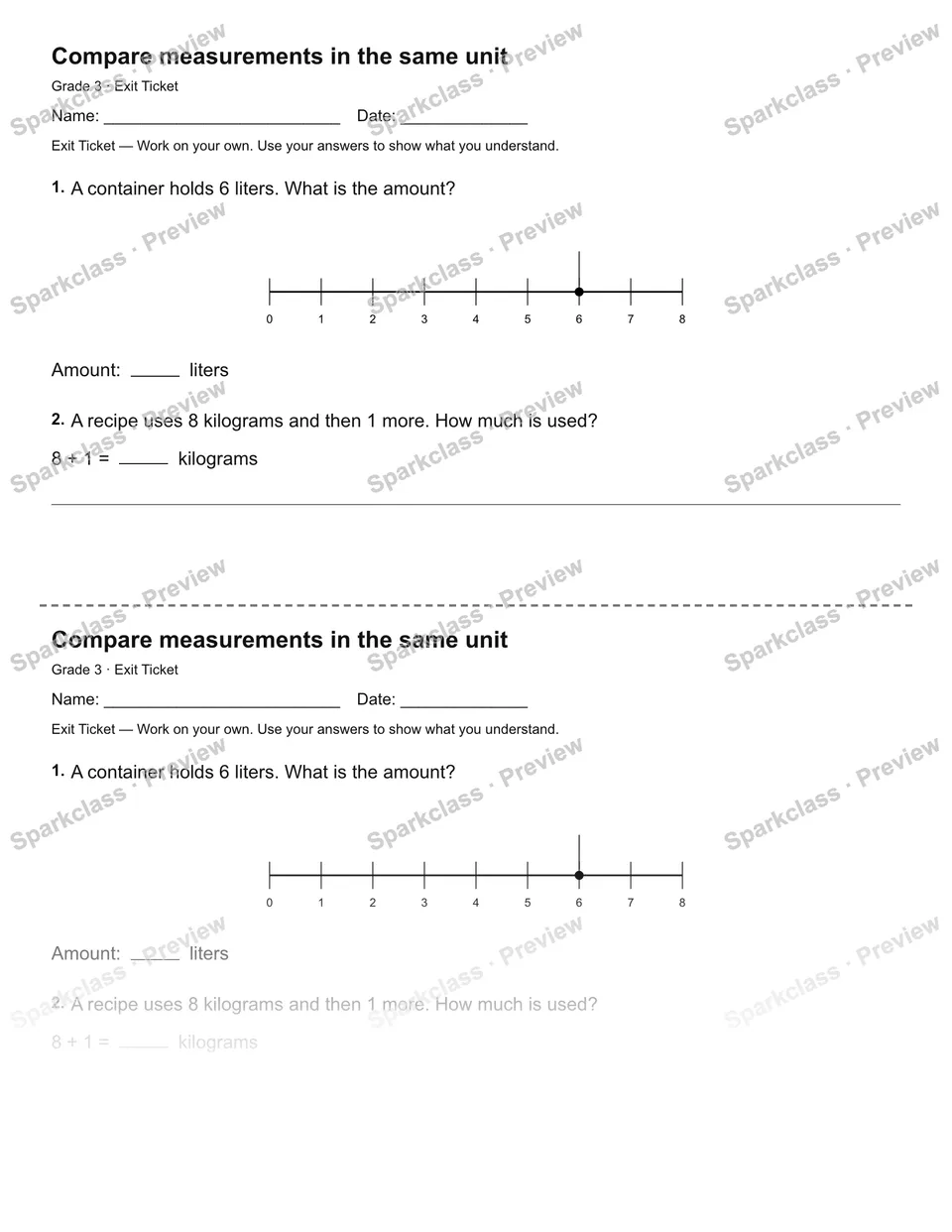 Compare measurements in the same unit — Exit Ticket — Grade 3 worksheet preview