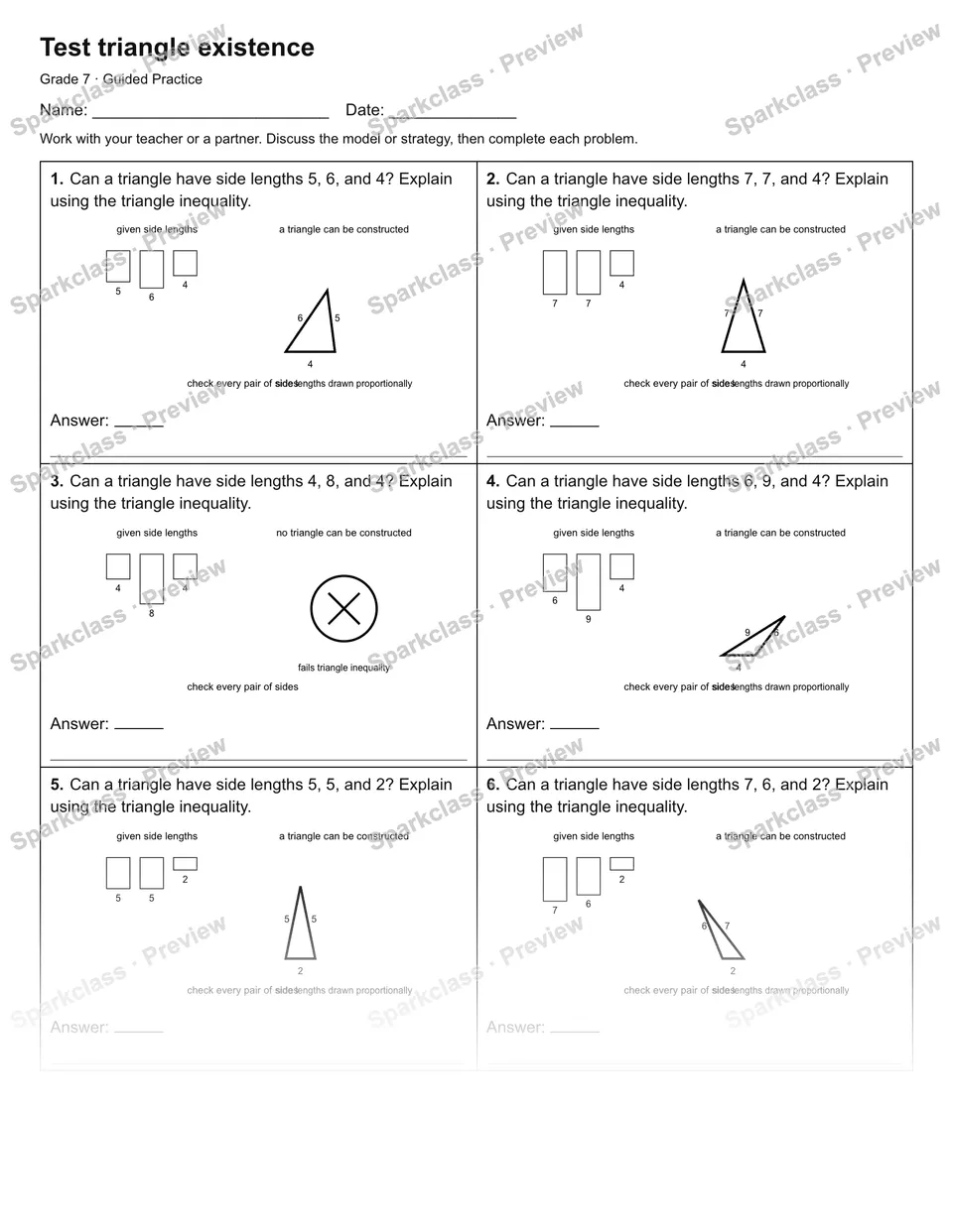 Test triangle existence — Guided Practice — Grade 7 worksheet preview