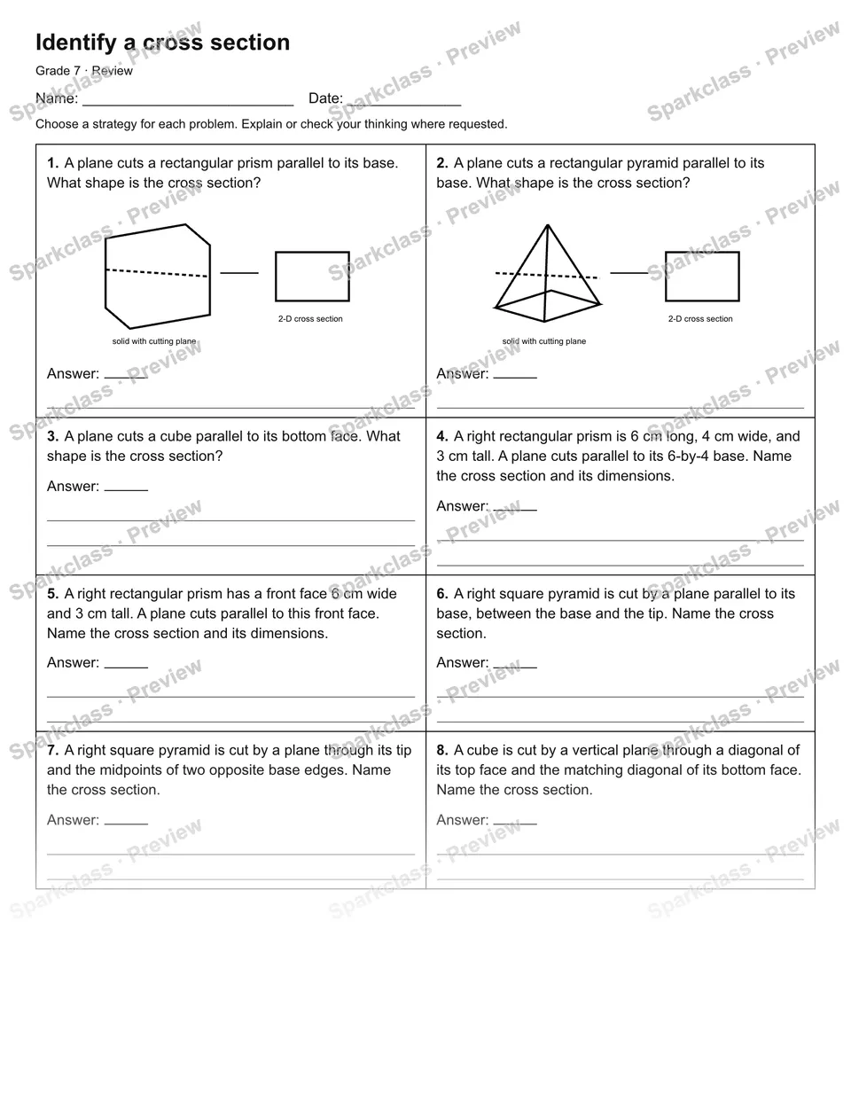 Identify a cross section — Review — Grade 7 worksheet preview