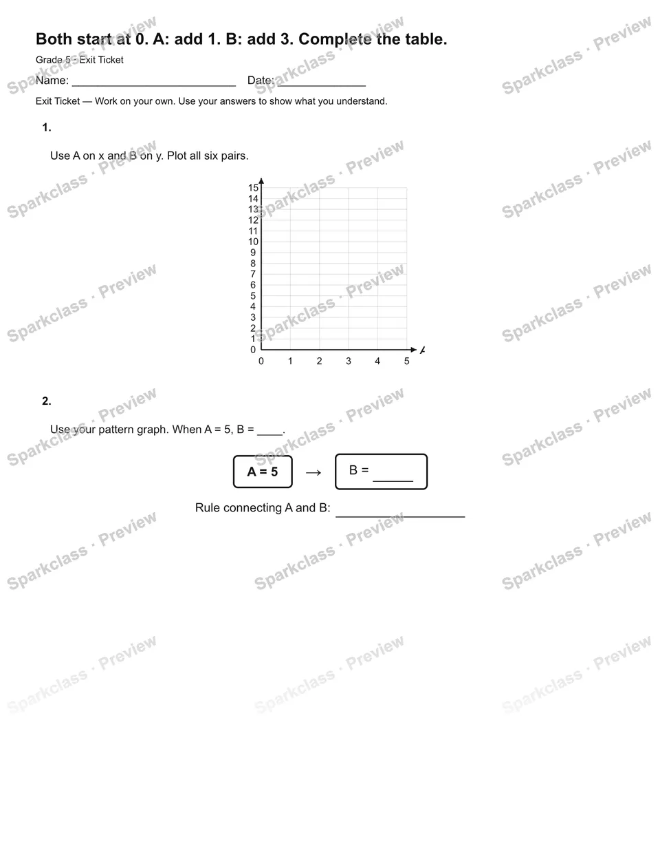 Both start at 0. A: add 1. B: add 3. Complete the table. — Exit Ticket — Grade 5 worksheet preview