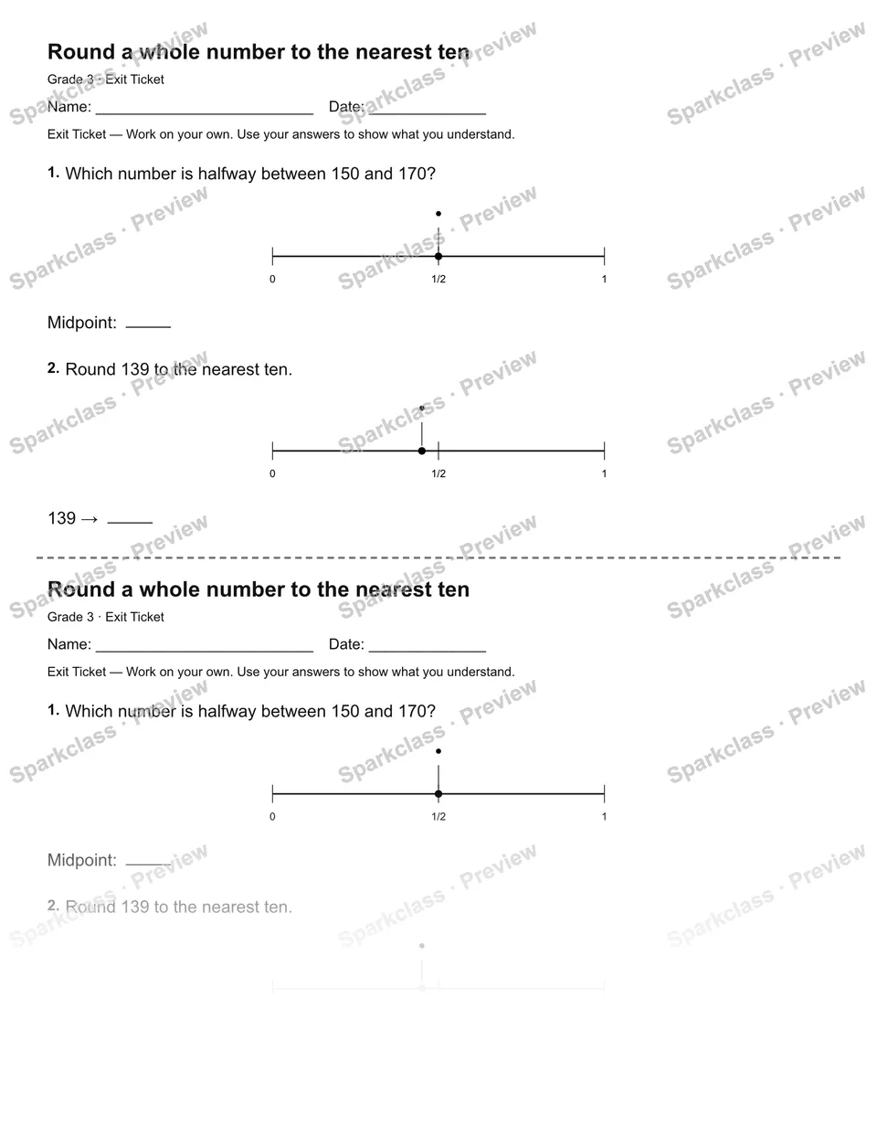 Round a whole number to the nearest ten — Exit Ticket — Grade 3 worksheet preview