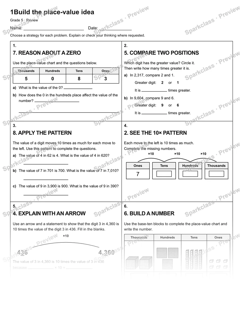 1Build the place-value idea — Review — Grade 5 worksheet preview