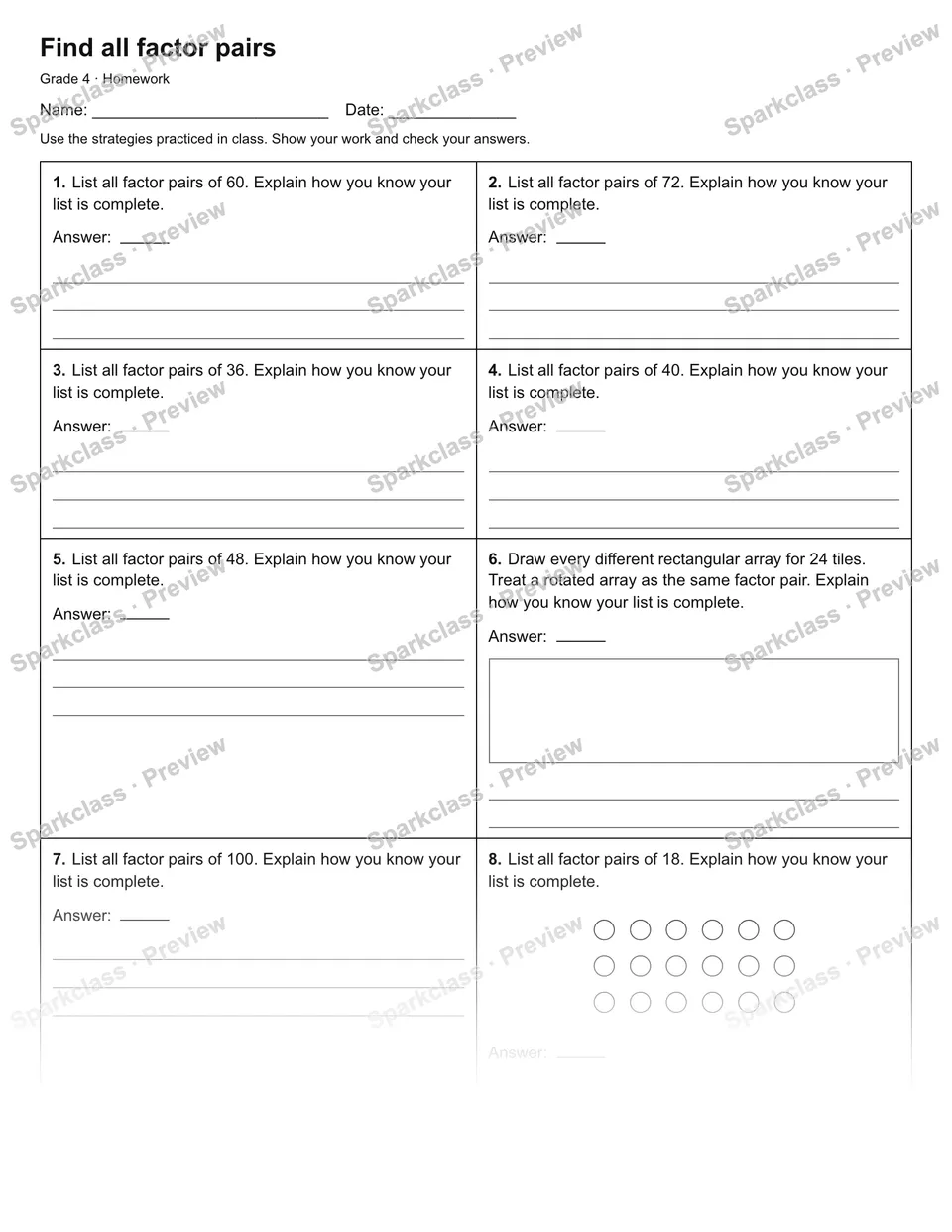 Find all factor pairs — Homework — Grade 4 worksheet preview