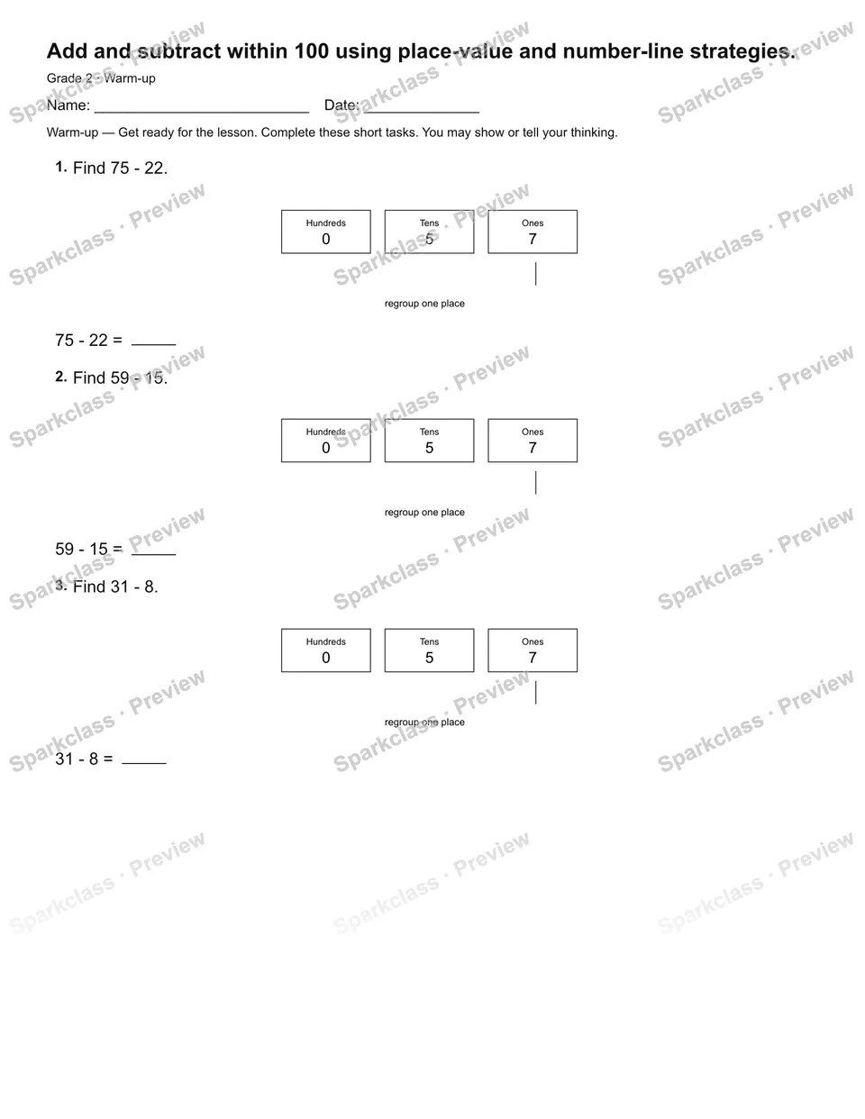 Add and subtract within 100 using place-value and number-line strategies. — Warm-up — page 2