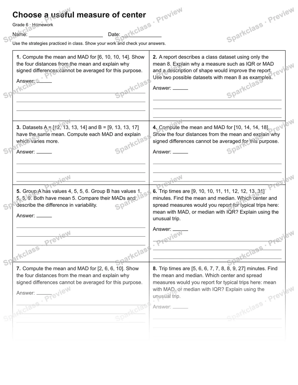 Choose a useful measure of center — Homework — Grade 6 worksheet preview