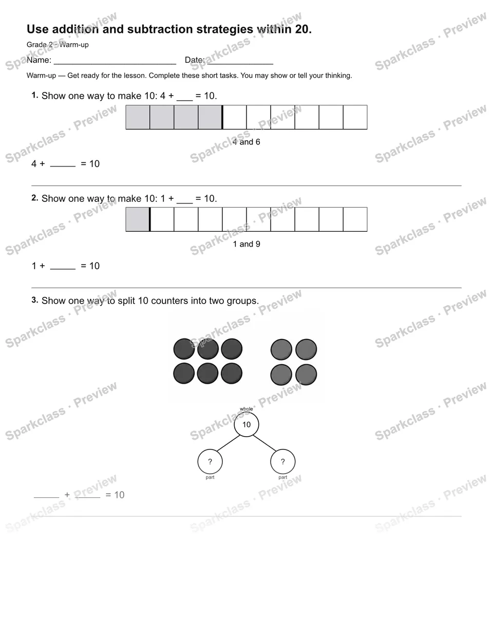Use addition and subtraction strategies within 20. — Warm-up — page 2