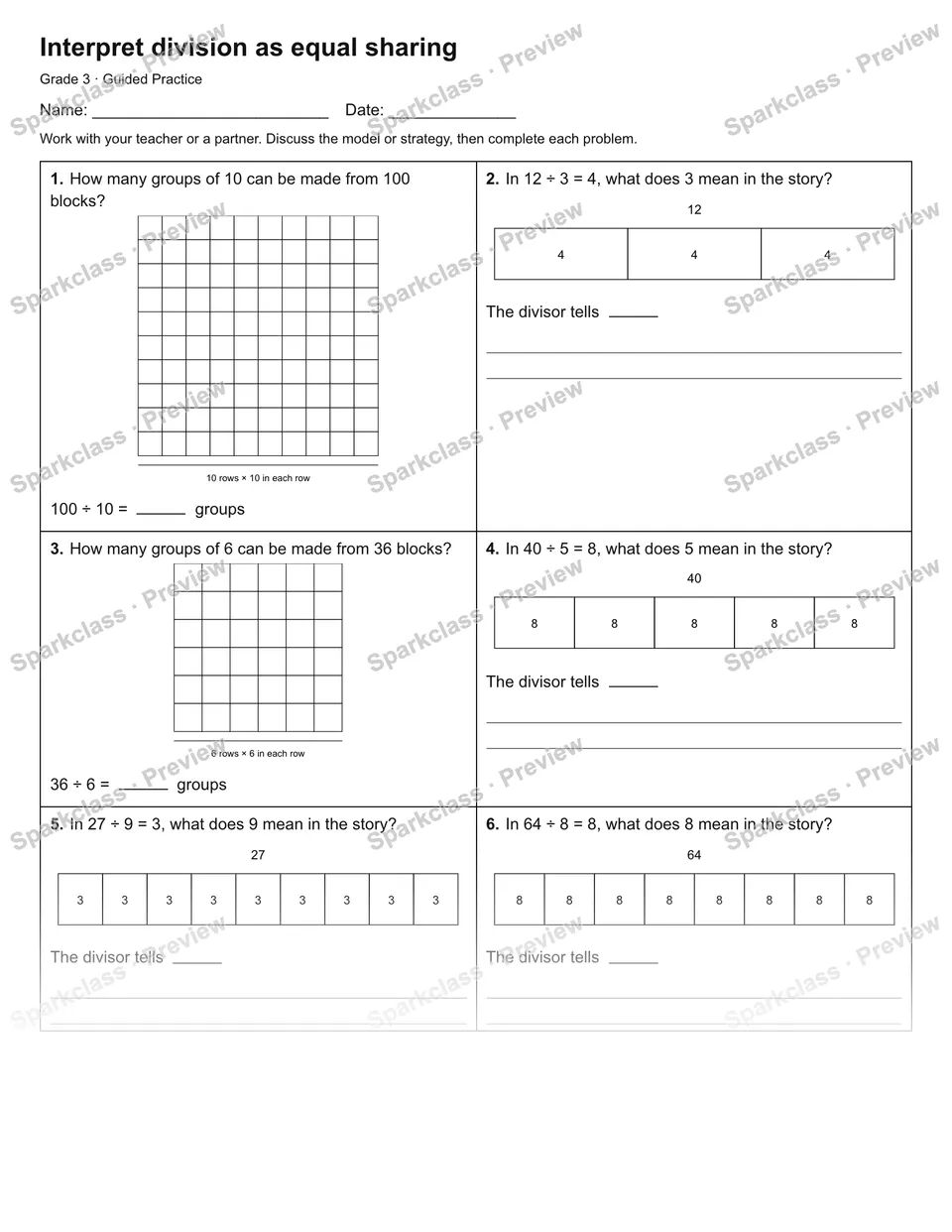 Interpret division as equal sharing — Guided Practice — Grade 3 worksheet preview