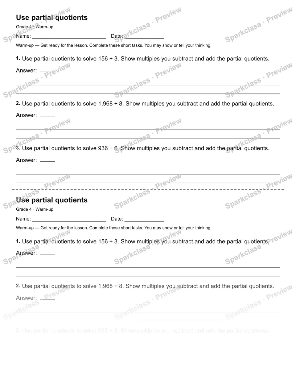 Use partial quotients — Warm-up — Grade 4 worksheet preview
