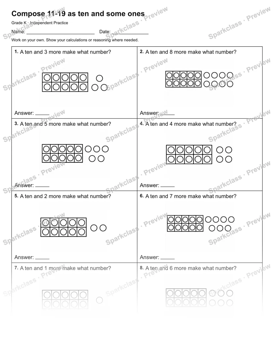 Compose 11-19 as ten and some ones — Independent Practice — Kindergarten worksheet preview