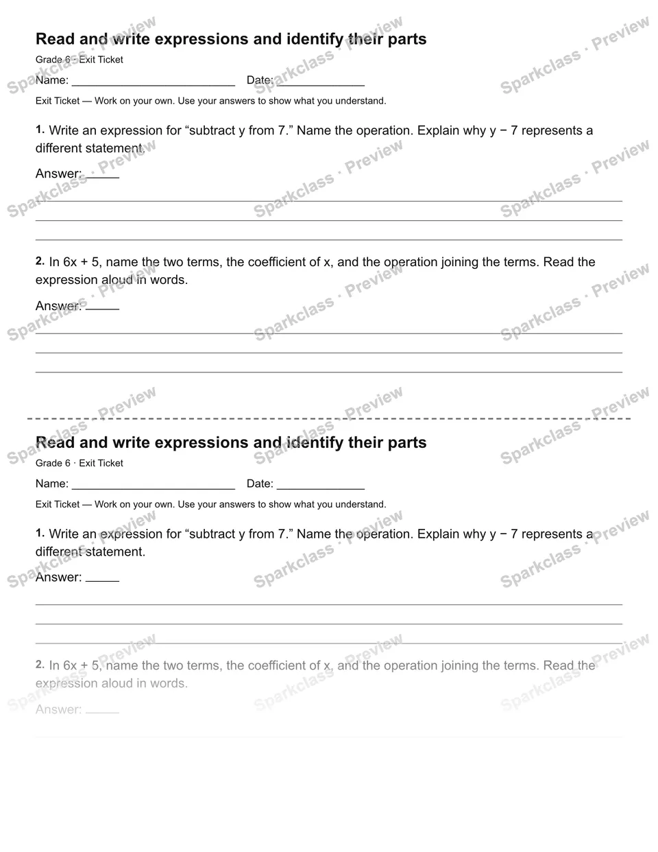 Read and write expressions and identify their parts — Exit Ticket — Grade 6 worksheet preview