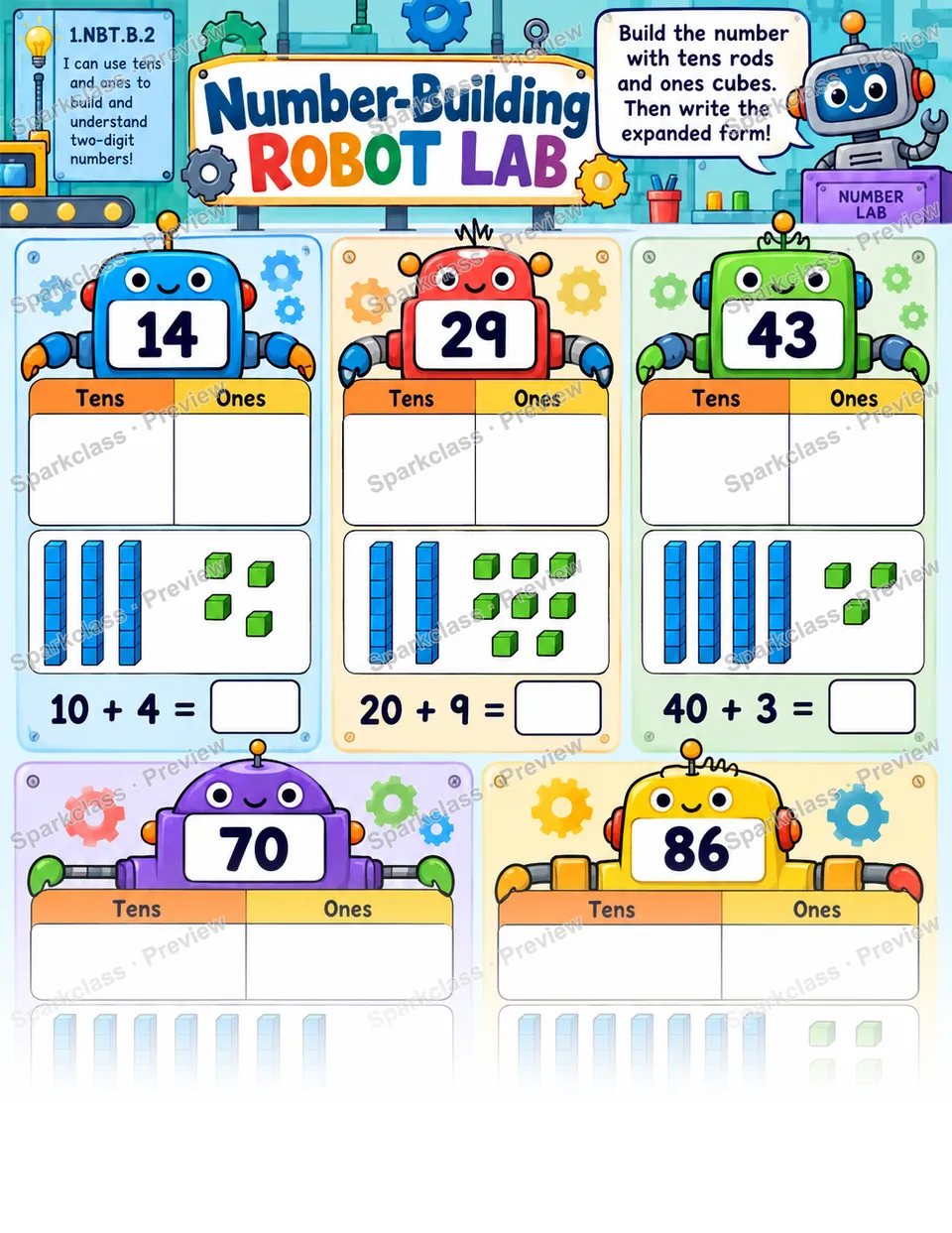 Number Building Robot Lab — Grade 1 worksheet preview