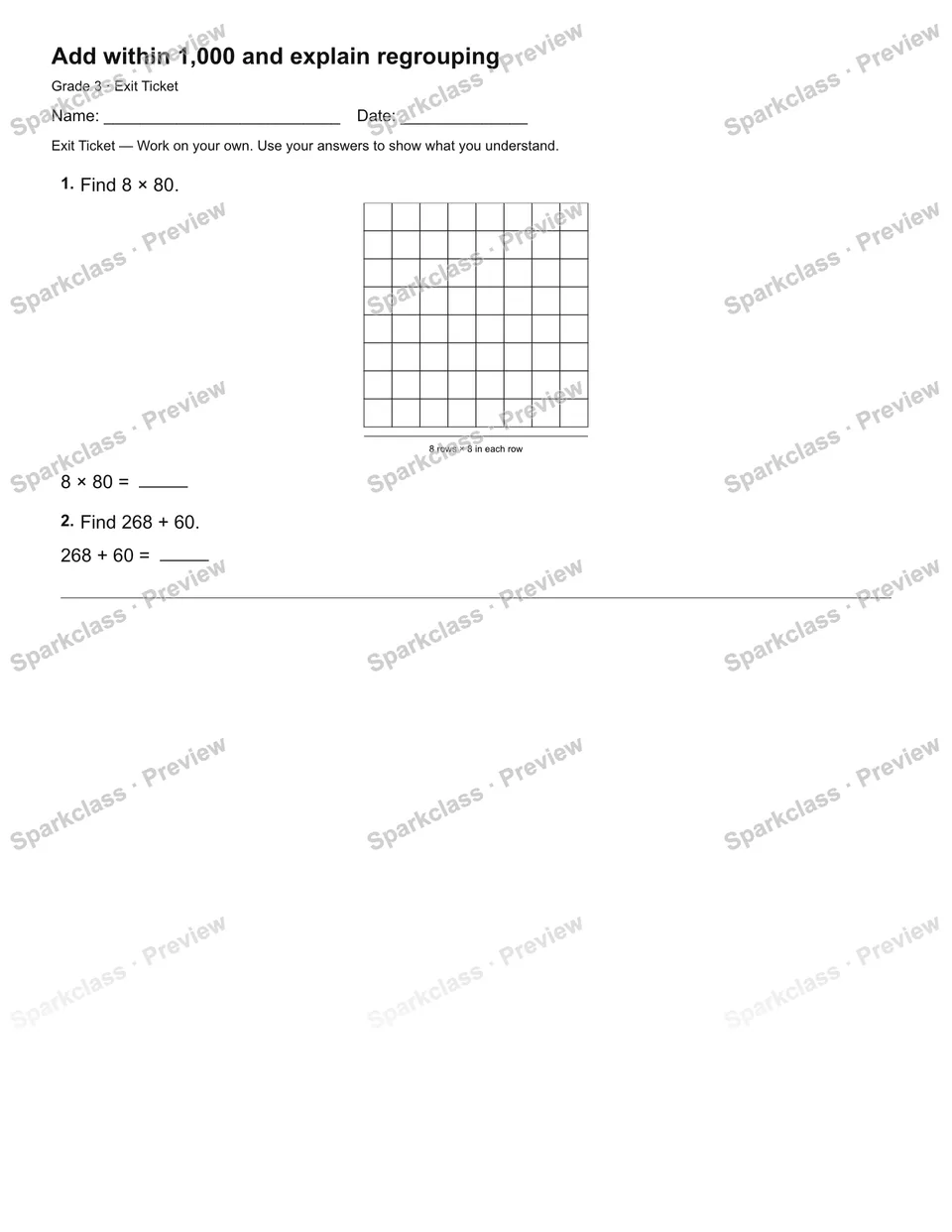 Add within 1,000 and explain regrouping — Exit Ticket — page 2