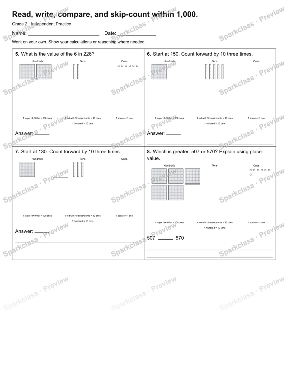 Read, write, compare, and skip-count within 1,000. — Independent Practice — page 2