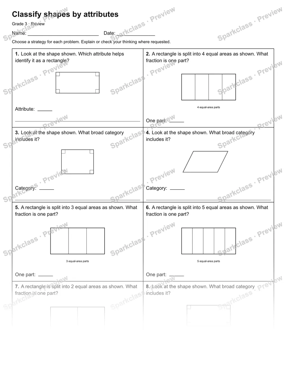 Classify shapes by attributes — Review — Grade 3 worksheet preview