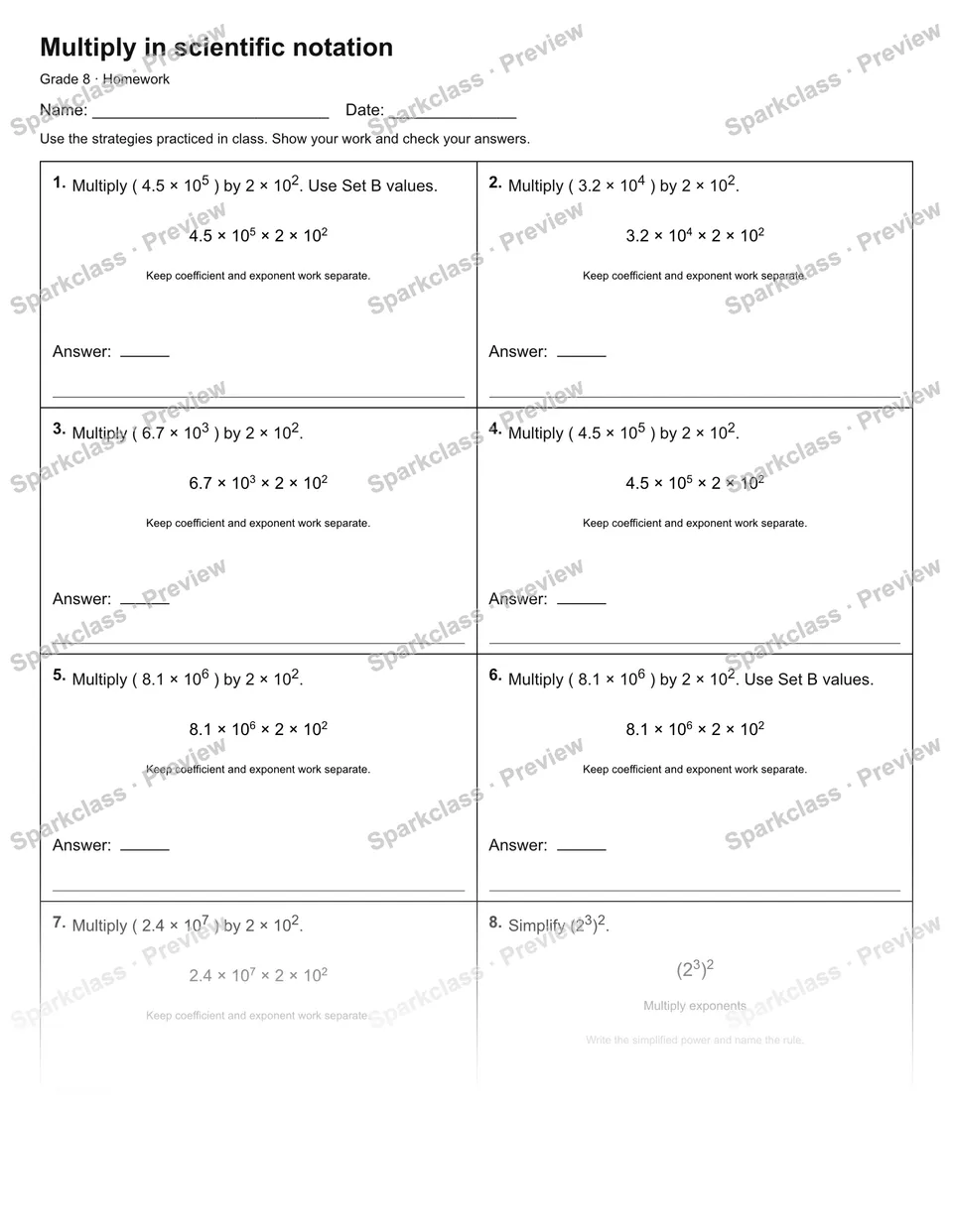 Multiply in scientific notation — Homework — Grade 8 worksheet preview