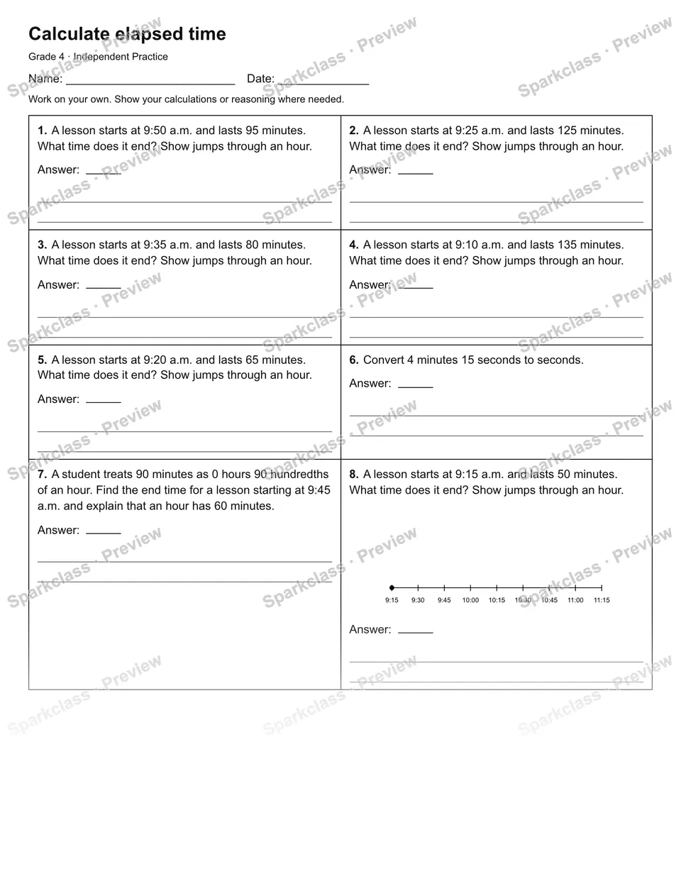 Calculate elapsed time — Independent Practice — Grade 4 worksheet preview