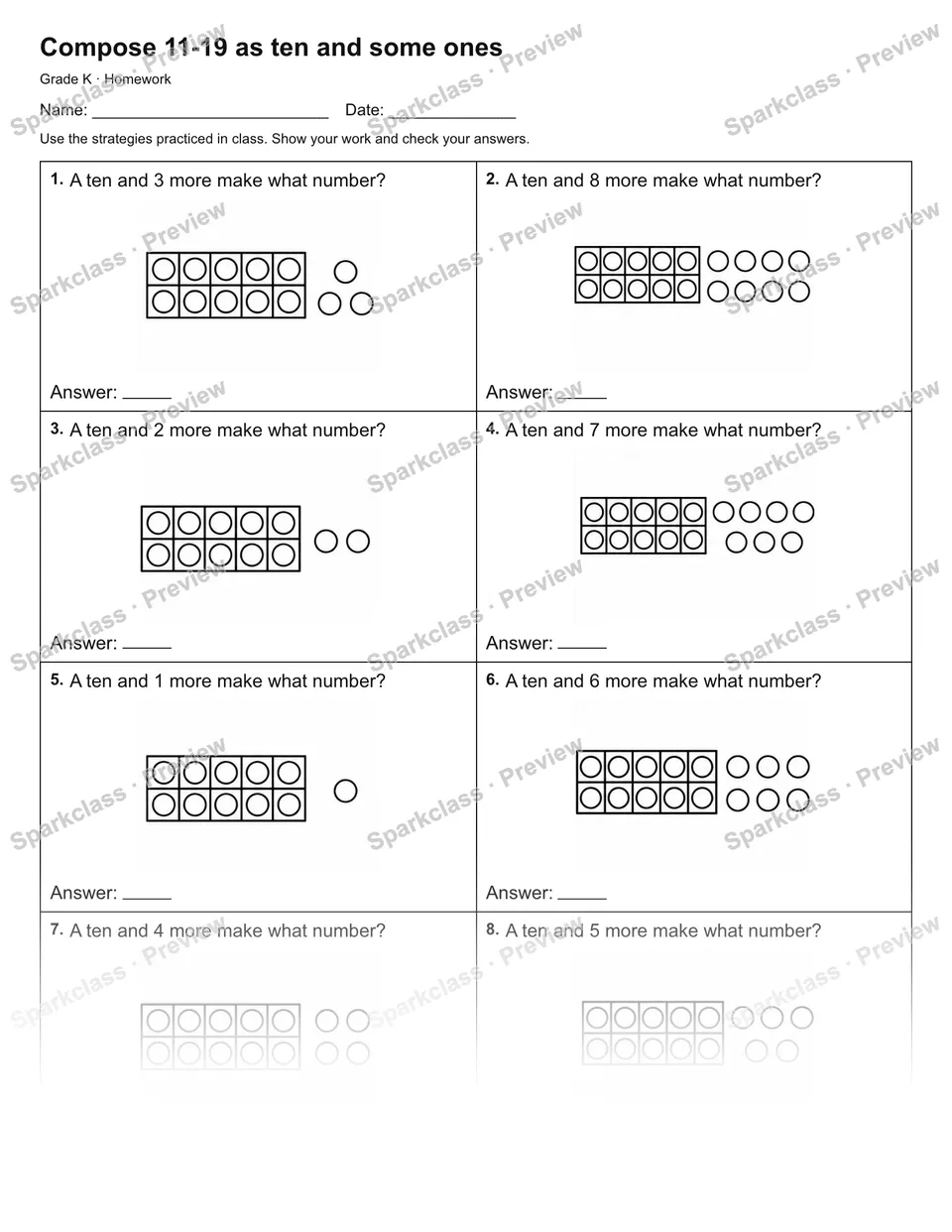 Compose 11-19 as ten and some ones — Homework — Kindergarten worksheet preview