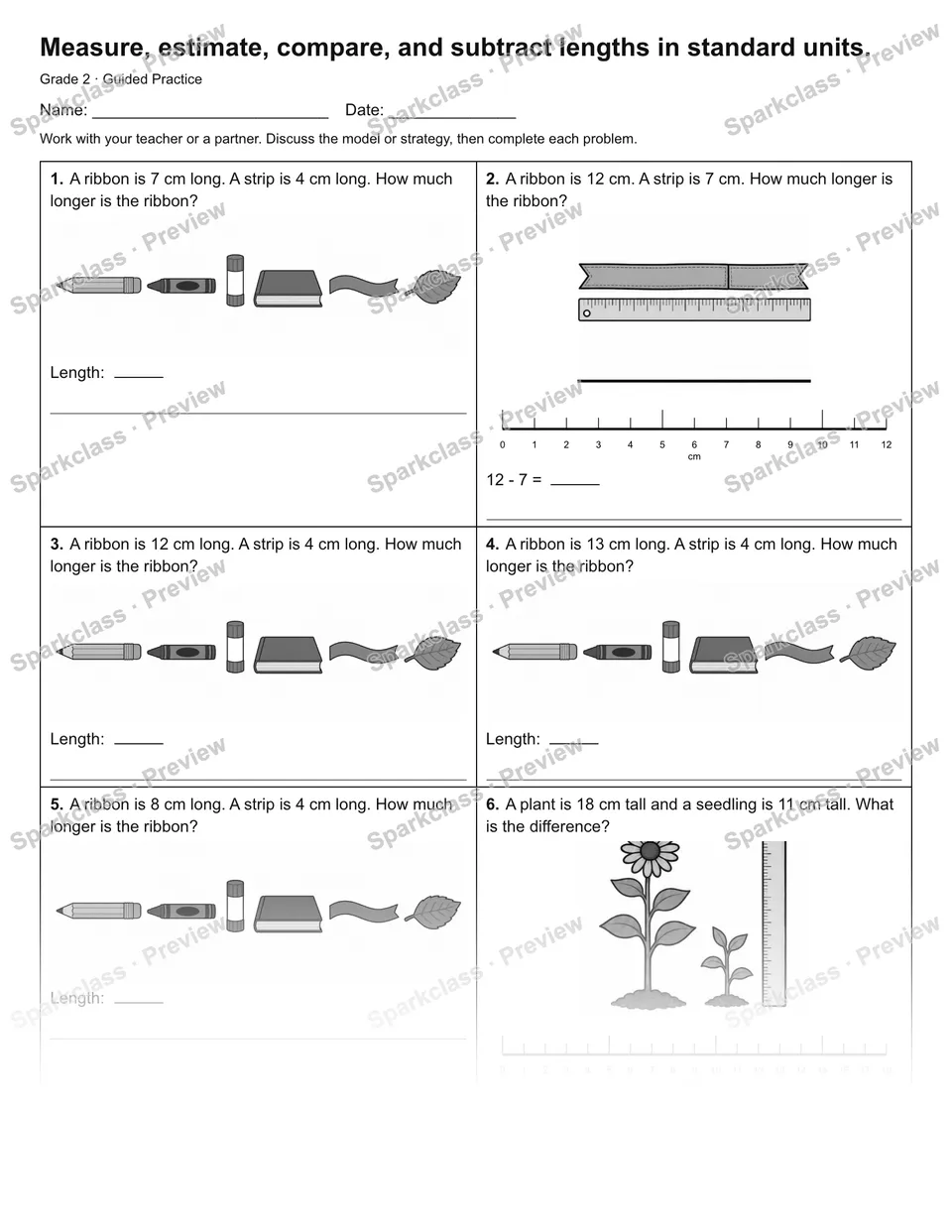 Measure, estimate, compare, and subtract lengths in standard units. — Guided Practice — Grade 2 worksheet preview