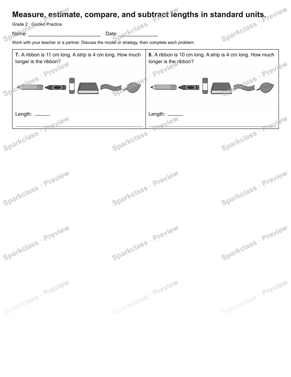 Measure, estimate, compare, and subtract lengths in standard units. — Guided Practice — page 2