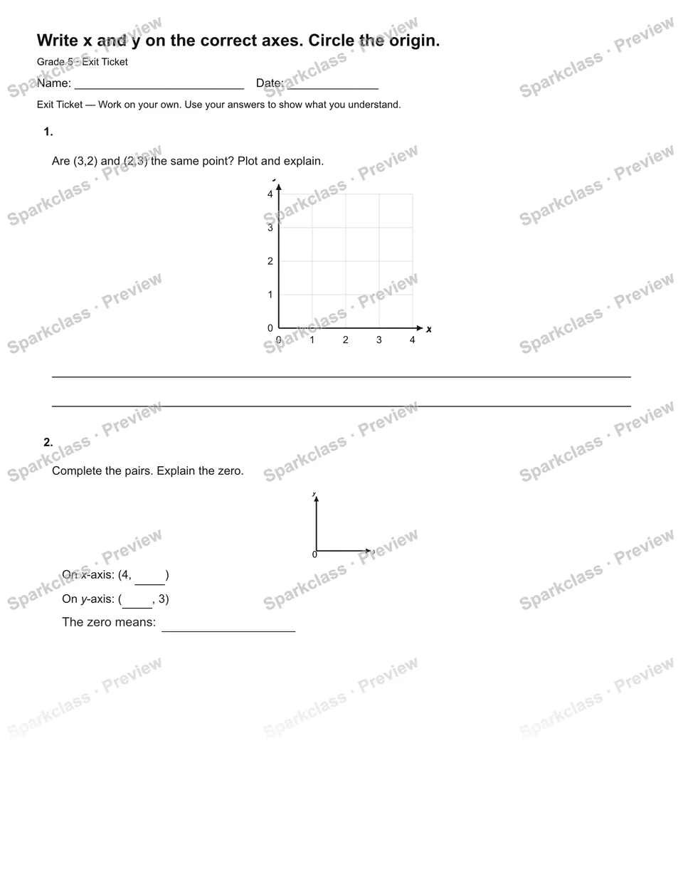 Write x and y on the correct axes. Circle the origin. — Exit Ticket — page 2