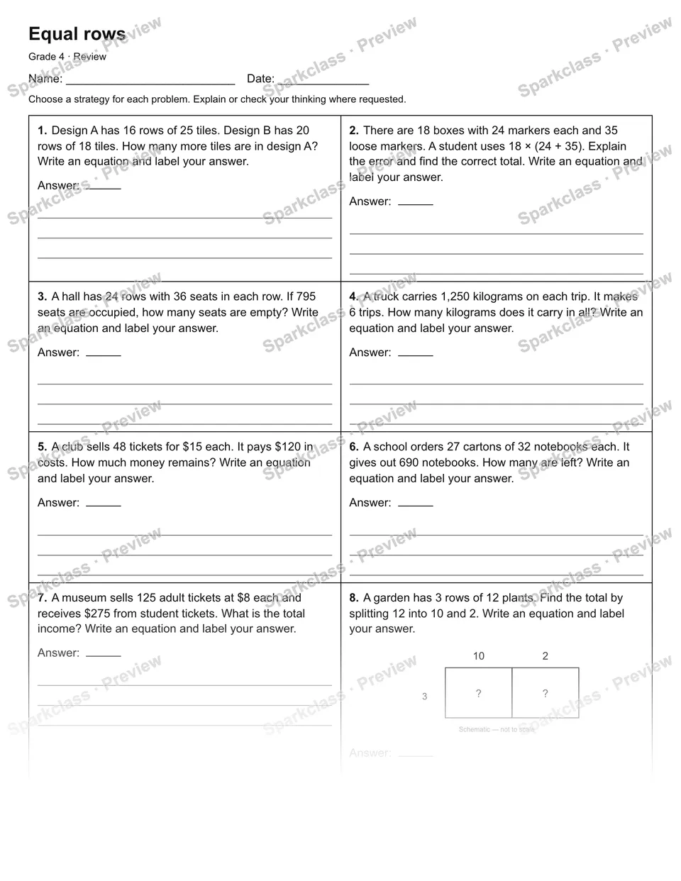 Equal rows — Review — Grade 4 worksheet preview