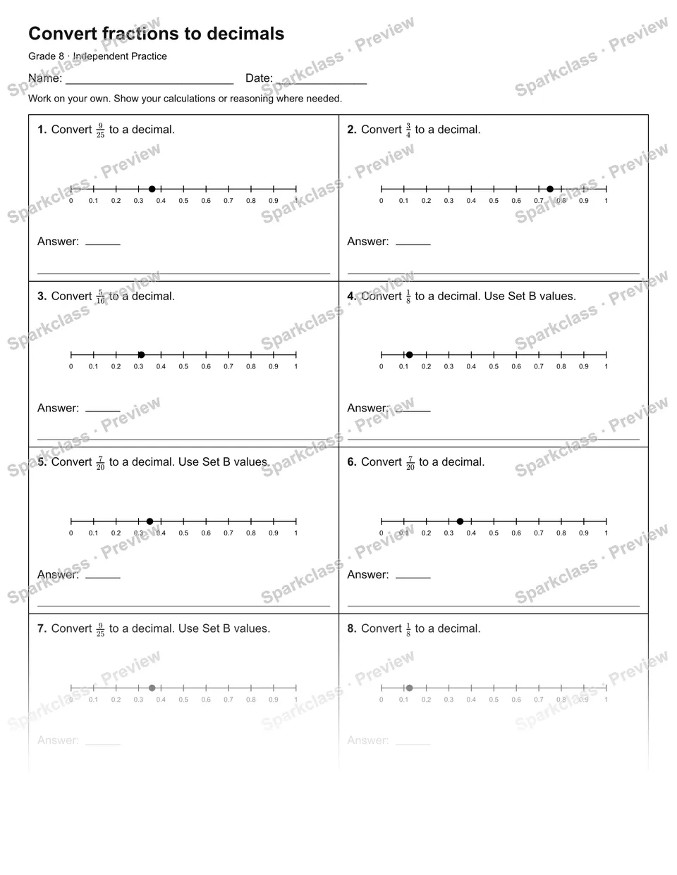Convert fractions to decimals — Independent Practice — Grade 8 worksheet preview