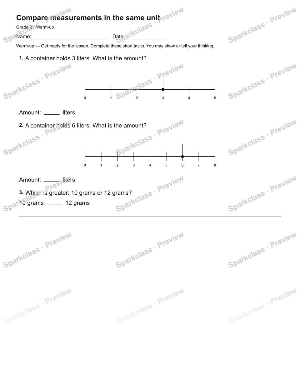 Compare measurements in the same unit — Warm-up — Grade 3 worksheet preview
