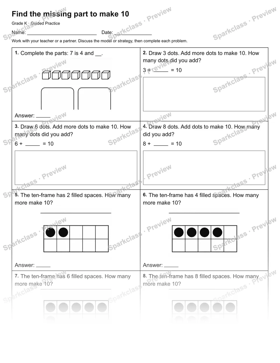 Find the missing part to make 10 — Guided Practice — Kindergarten worksheet preview