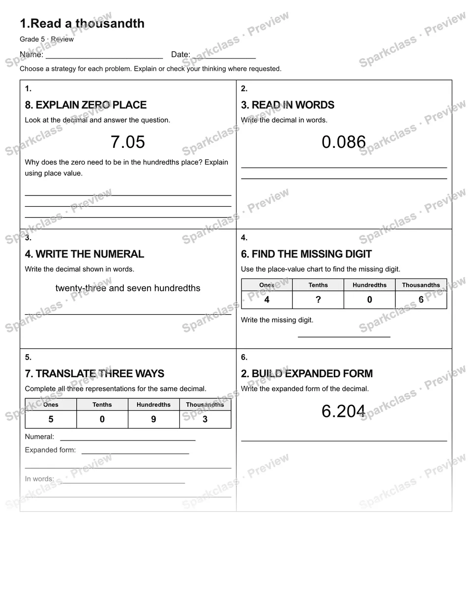 1.Read a thousandth — Review — Grade 5 worksheet preview