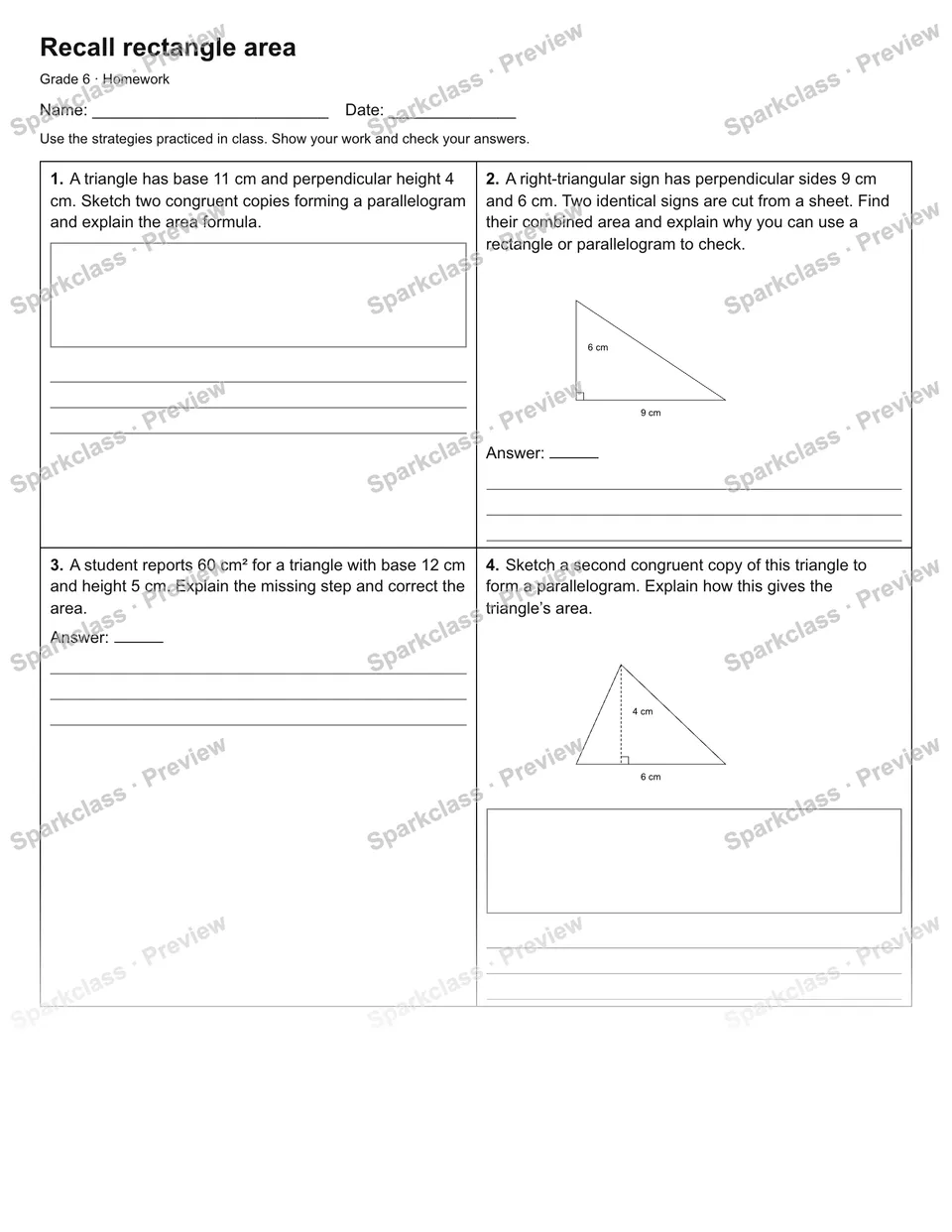 Recall rectangle area — Homework — Grade 6 worksheet preview