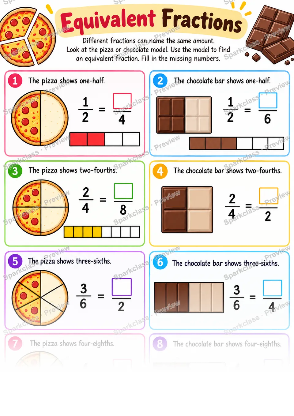 Equivalent Fractions With Models — Grade 4 worksheet preview