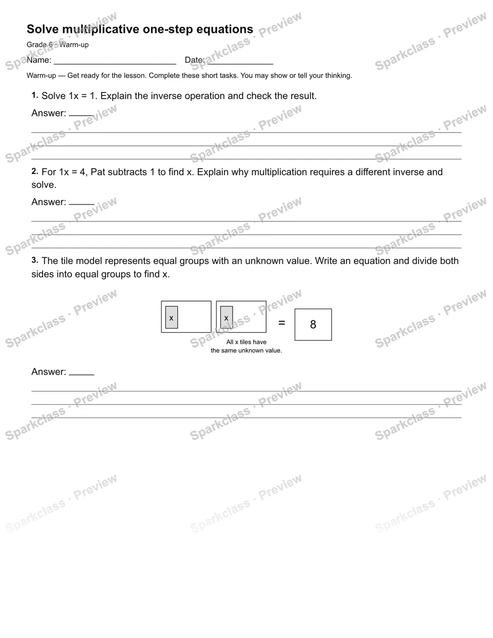 Solve multiplicative one-step equations — Warm-up — page 2