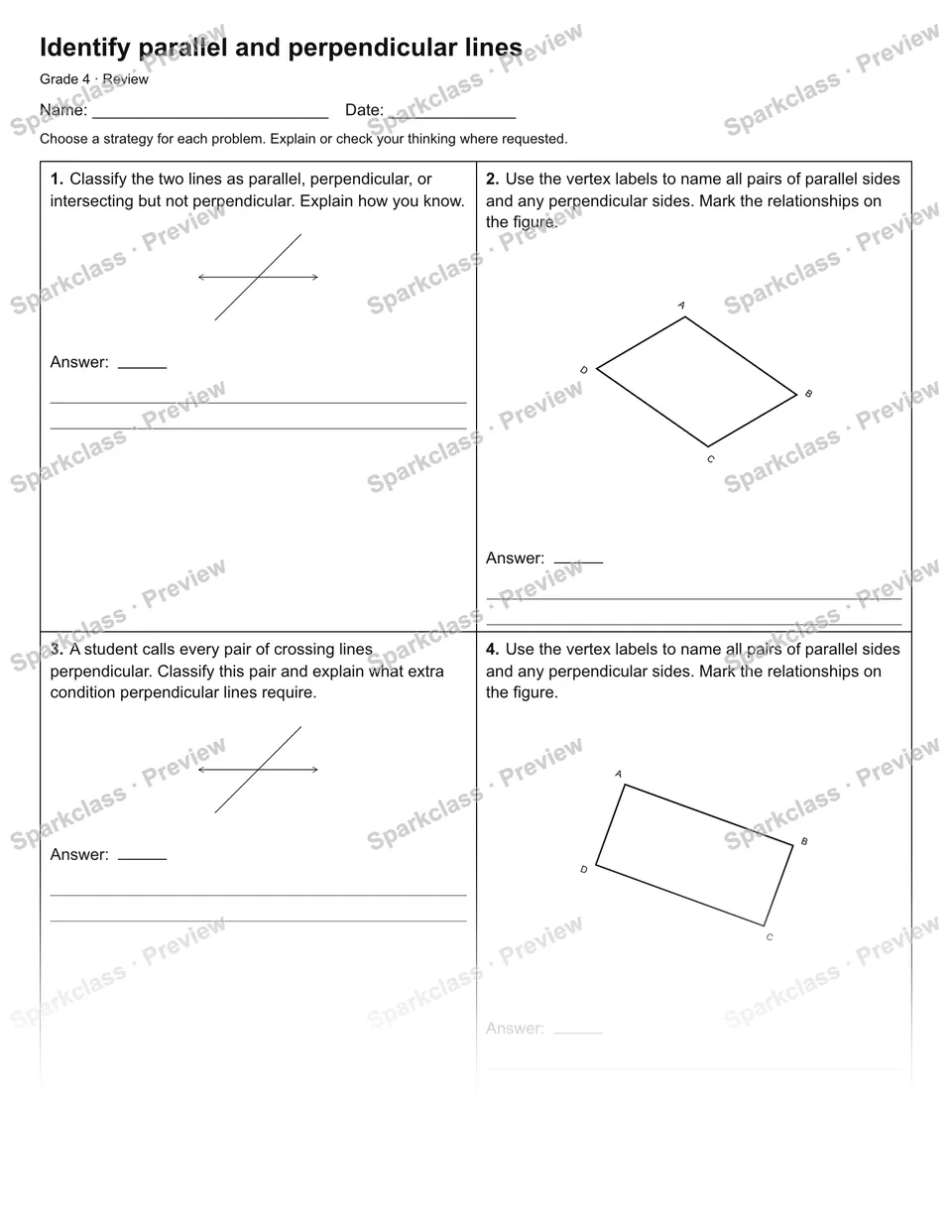 Identify parallel and perpendicular lines — Review — Grade 4 worksheet preview