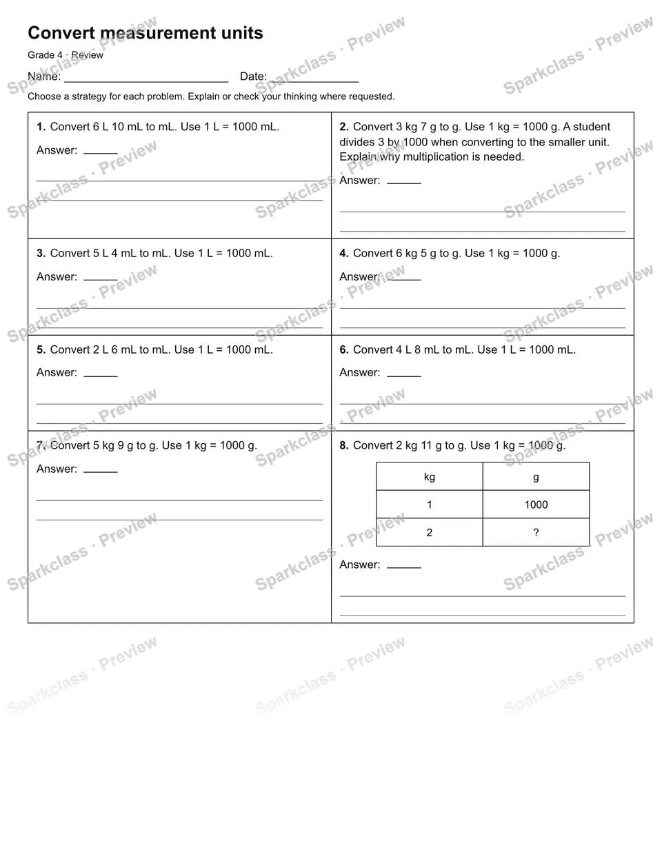 Convert measurement units — Review — Grade 4 worksheet preview