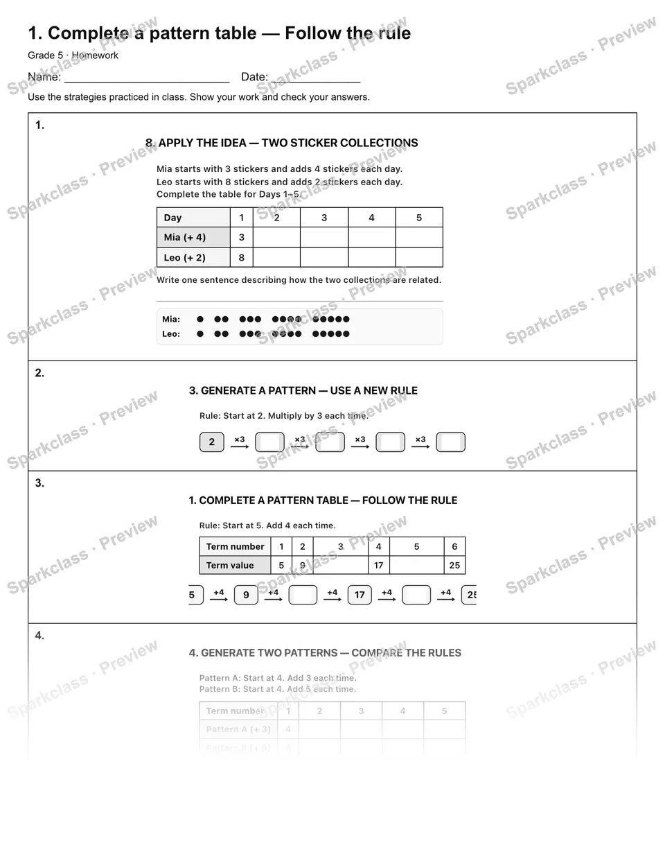 1. Complete a pattern table — Follow the rule — Homework — Grade 5 worksheet preview