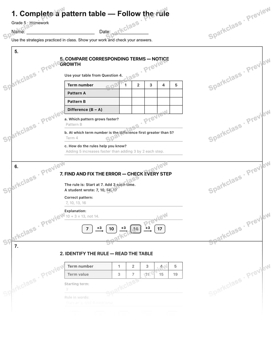 1. Complete a pattern table — Follow the rule — Homework — page 2