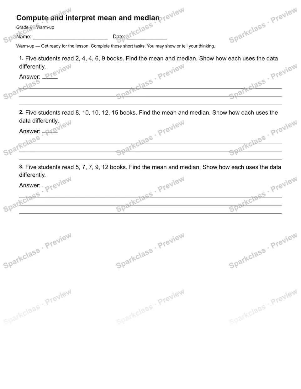 Compute and interpret mean and median — Warm-up — page 2
