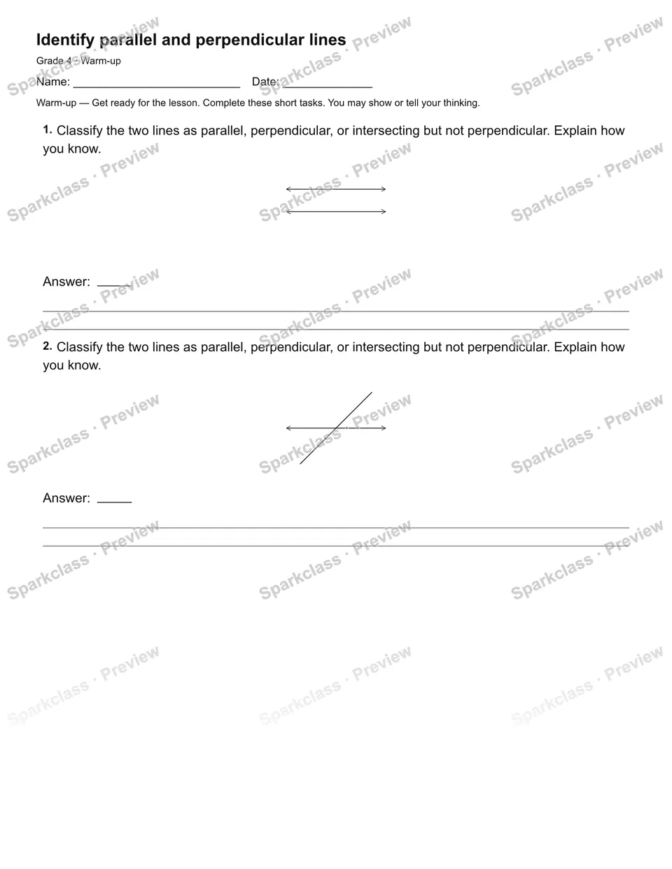 Identify parallel and perpendicular lines — Warm-up — Grade 4 worksheet preview