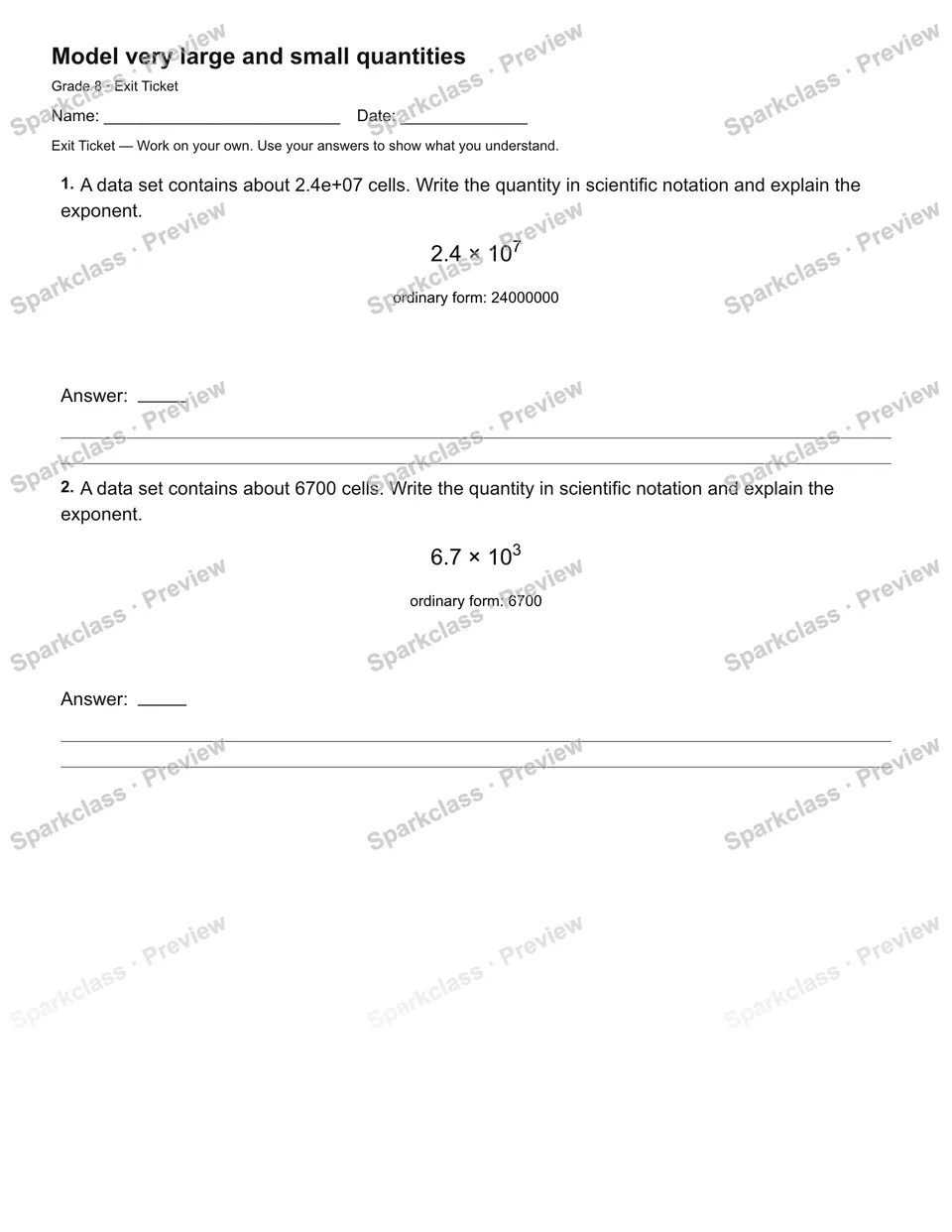 Model very large and small quantities — Exit Ticket — Grade 8 worksheet preview