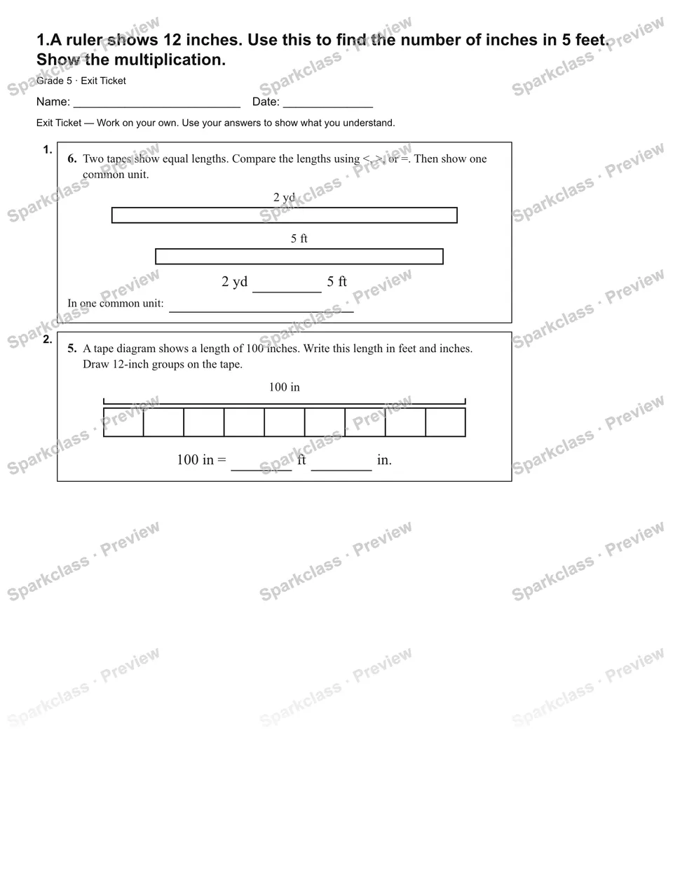 1.A ruler shows 12 inches. Use this to find the number of inches in 5 feet. Show the multiplication. — Exit Ticket — Grade 5 worksheet preview
