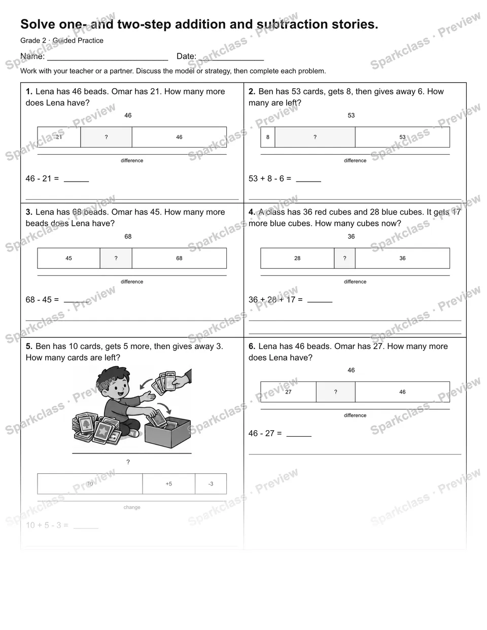 Solve one- and two-step addition and subtraction stories. — Guided Practice — Grade 2 worksheet preview