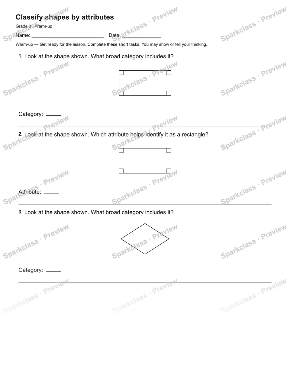 Classify shapes by attributes — Warm-up — Grade 3 worksheet preview